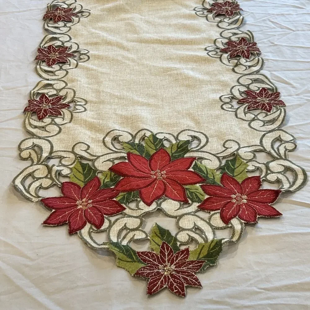 Christmas Table Runner 69 x 15 Inch Embroidered Poinsettia Cutwork Holiday Linen